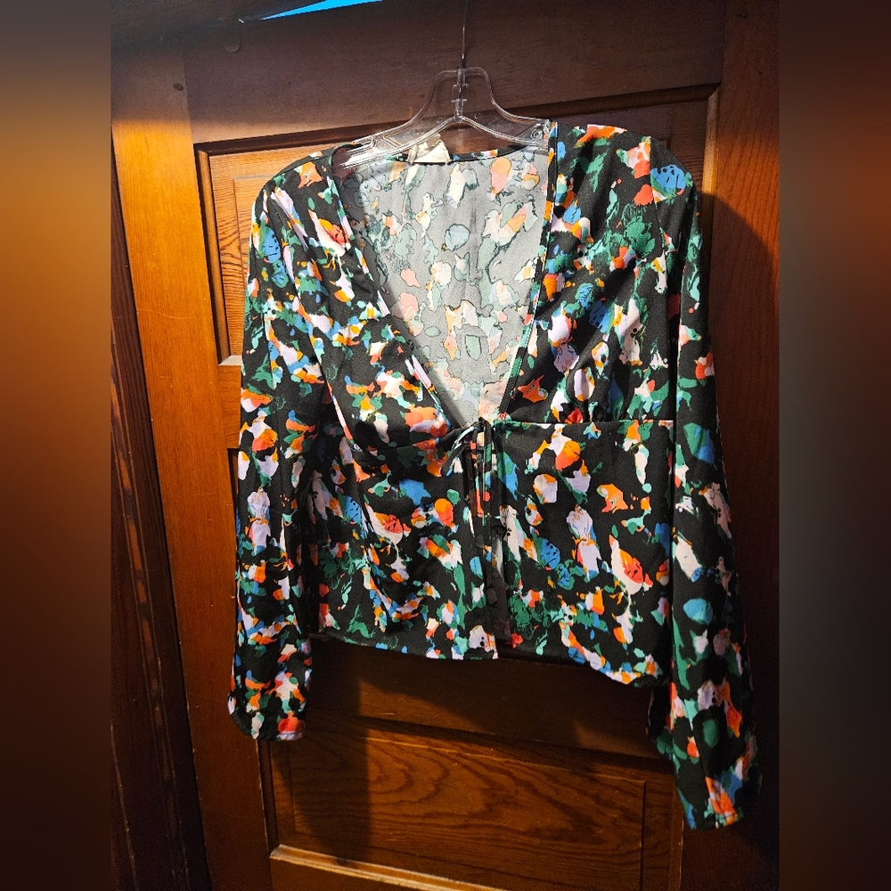 Open Edit Multicolor Women's Tie Front Top With Bell Sleeves